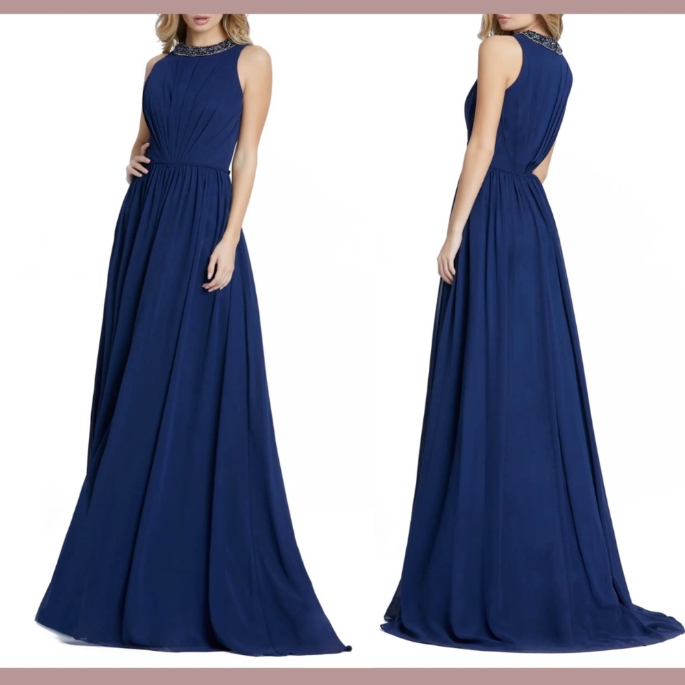 NWT $338 leena for Mac Duggal [ 8 ] Embellished‎ High Neck Pleated Gown Blue